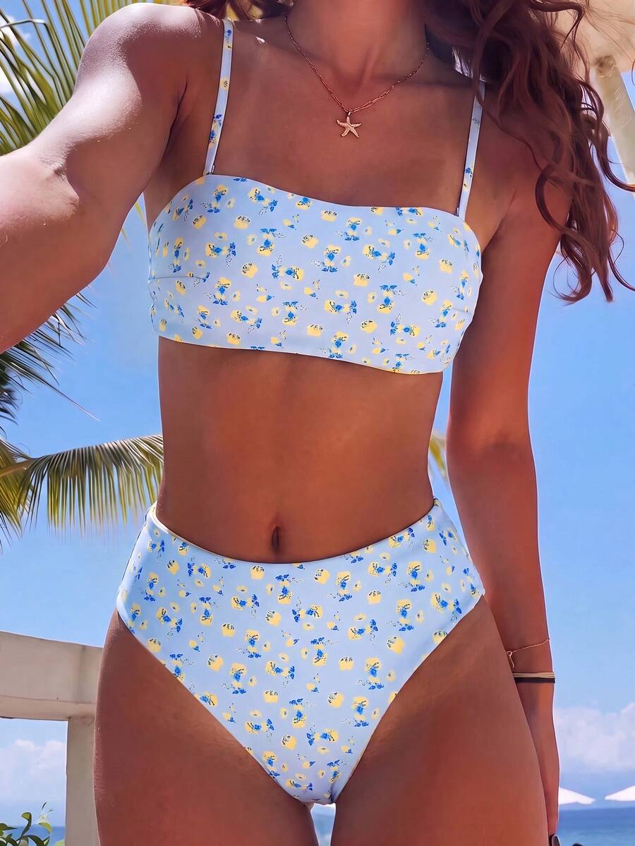 Latest Fashion Beachwear, Sexy Elegant Best-Selling Blue With Yellow Floral Print Bandeau High-Waist Bikini Set, Yellow Plaid Print Lining, Detachable Shoulder Straps, Beach Vacation, Summer Holiday Outfit, Party Wear, Elegant Women's Beach Swimsuit, Women's Vacation Clothing, Suitable For Casual Vacation And Beach Outings - Yellow Flowers On Blue Background - View 1