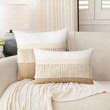 Farmhouse Bohemian Style Tassel Patchwork Lumbar Pillow Cushion Cover, Neutral Beige & White Rectangular Decorative Throw Pillowcase, Suitable For Sofa Bedroom Living Room Home Decor - Beige - View 5
