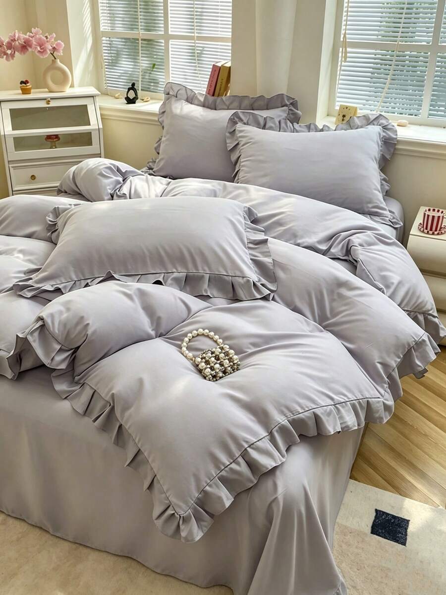 Girl Style Lace Trim Soft Comfortable Skin-Friendly 3 Pieces Duvet Cover Set, Suitable For Bedroom And Guest Room - Light Grey - View 1