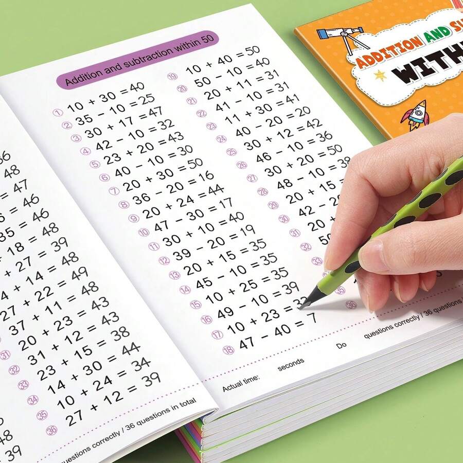 كتاب تدريب الرياضيات 64 صفحة للجمع والطرح، ممارسة يومية من 10-100، كتاب تمارين من مرحلة ما قبل المدرسة إلى المدرسة الابتدائية، لوازم تعليمية للأطفال