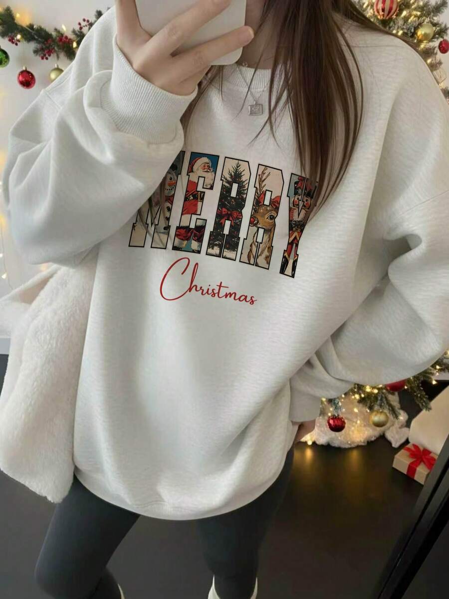 Vintage Christmas MERRY Letter Patchwork Print Crew Neck Sweatshirt Snowman Santa Claus Reindeer Nutcracker Pattern Loose Fit Autumn/Winter Pullover Top - Off-white - View 1