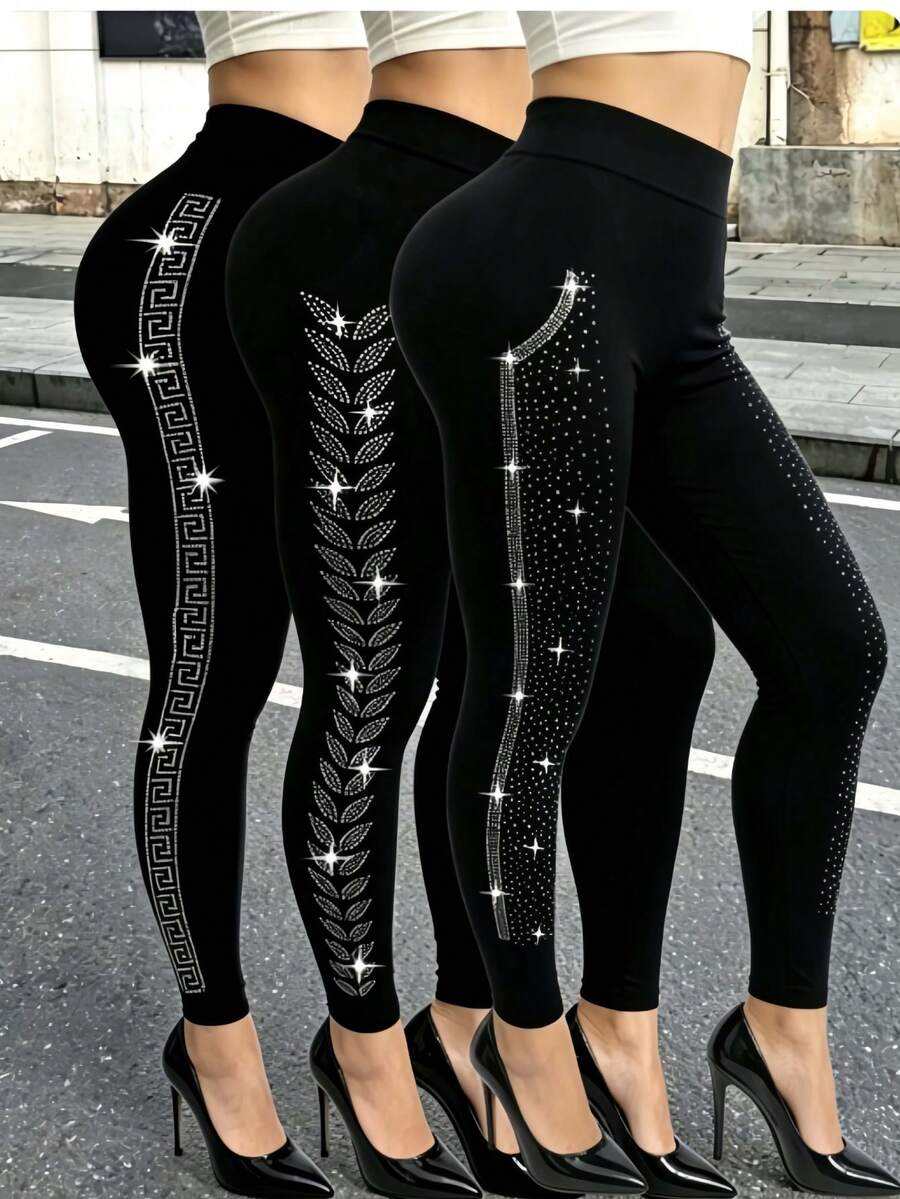 1pc Women's Shiny Side Knot Rhinestone Decor Short Tight Pants, Comfortable - Multicolor - View 1