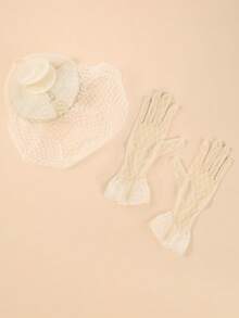 1 Set Women's Tea Party Hat And Gloves Set, Including Mini Round Hat, Veil And Headpiece - Beige - View 2