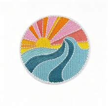 1pc/2pcs/3pcs/4pcs Vintage Sunrise Ocean Wave Iron-On Patch, Round Bohemian Style Sun Ocean Nature Embroidered Applique - Multicolor - View 10