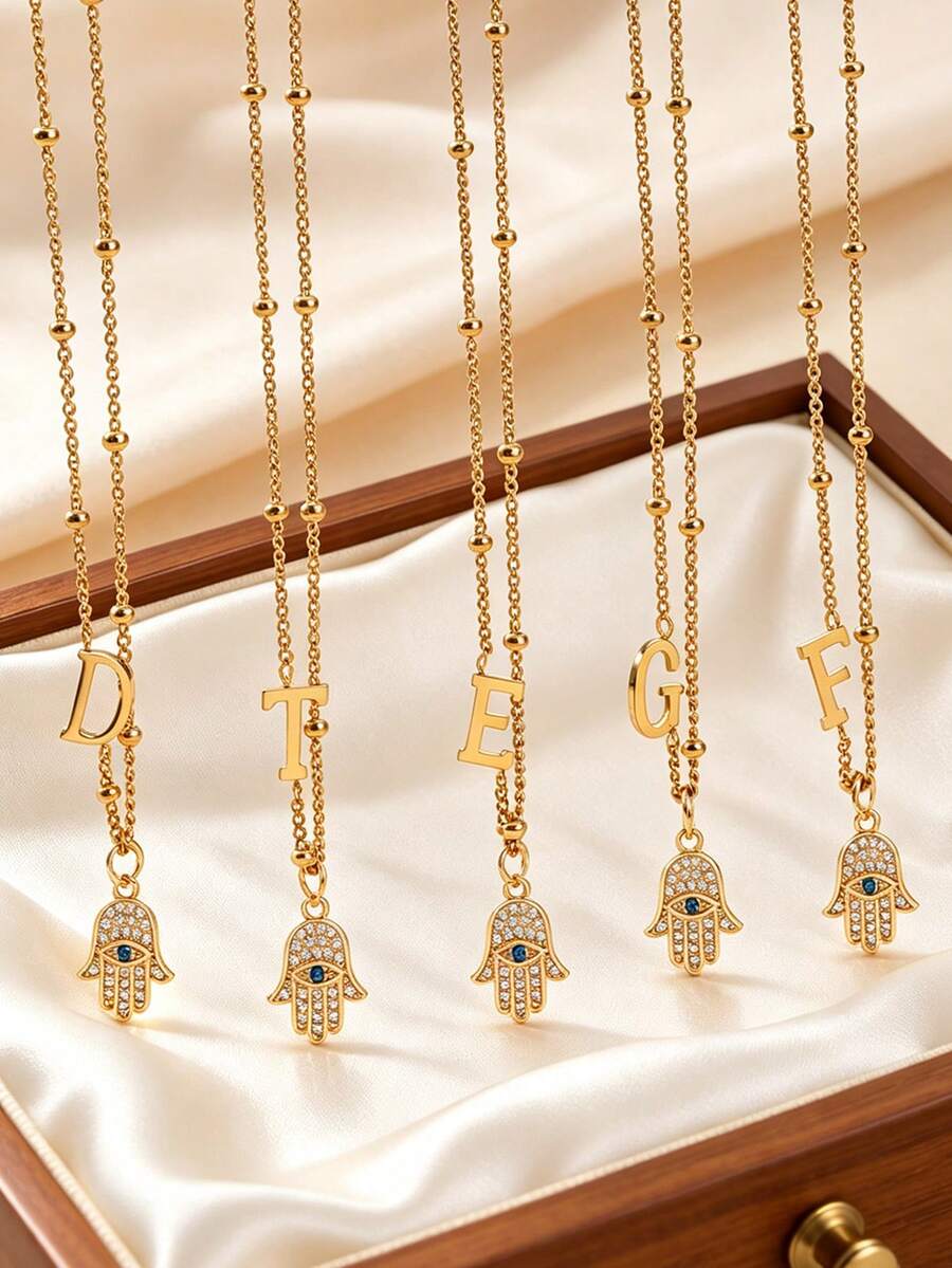 1 Piece Hamsa Hand Pendant Necklace For Women With 26 Letters Charm, Zirconia Eye Design Chain Necklace, Fashion Jewelry, Suitable For Daily Wear - Multicolor - View 1