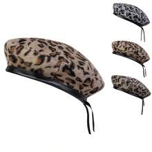 1pc Men's Plush Leopard Print Beret Military Hat, Adjustable Sun Protection Casual Cap For Outdoor, Suitable For Autumn/Winter - Multicolor - View 1