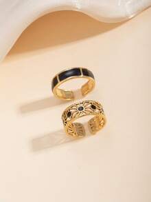 2pcs Stainless Steel Fashion Vintage Open Ring Set, Black Drip Oil, Suitable For Women's Daily Wear Or Gift - Yellow Gold - View 6