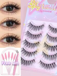 5 Pairs Of Natural Slender False Eyelashes, Light And Slender Full Eyelashes, Soft And Breathable Eyelash Bundles, Comfortable Daily Use False Eyelashes, Suitable For Beginners' Daily Eyelashes, Dating And Sweet Casual Makeup - Black - View 6