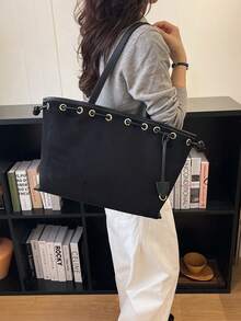 Dedoo Tote Drawstring Bag,Suede With PU Trim, Metal Eyelet Drawstring Design, No Charms Attached, Large Capacity, Autumn Winter Daily Commute For Ladies - Black - View 9