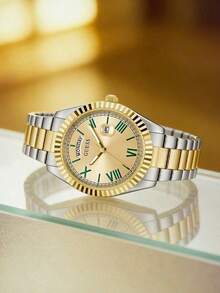 Guess Men's Silver & Gold Two-Tone Quartz Watch, Textured Gold Bezel, Champagne Dial, Green Roman Numeral Markers, Vintage Urban Fashion Dress Watch - Gold - View 4