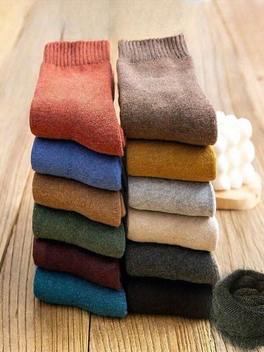 5 Pairs Thickened Random Color Unisex Terry Mid-Calf Socks, Warm Socks For Autumn/Winter, Comfortable Solid Color Outdoor Casual Socks For Couples - Multicolor - View 1