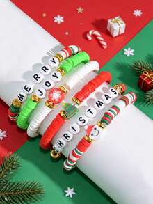 6pcs/Set Christmas Letter Theme Beaded Soft Clay Bracelet Set, Children's Christmas Decoration Jewelry Party Gift - Multicolor - View 1