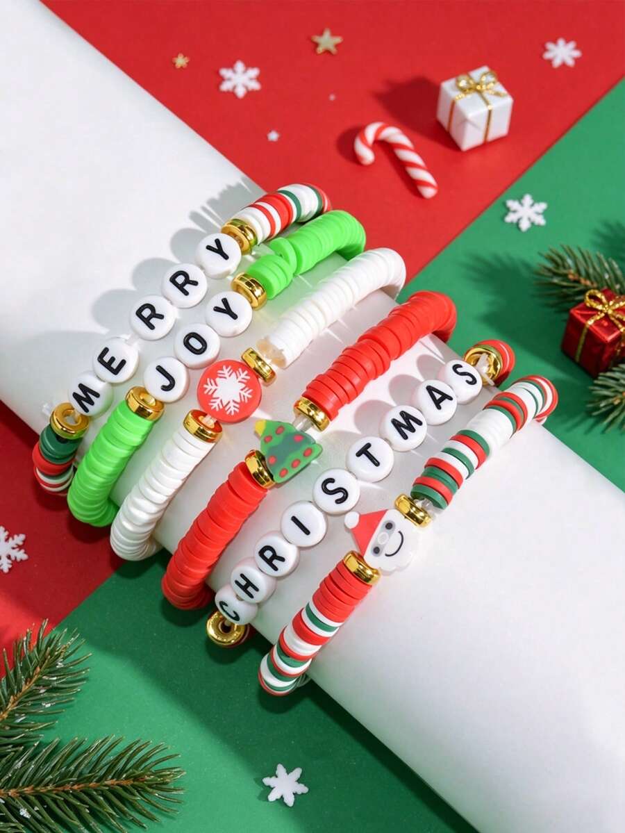 6pcs/Set Christmas Letter Theme Beaded Soft Clay Bracelet Set, Children's Christmas Decoration Jewelry Party Gift - Multicolor - View 1