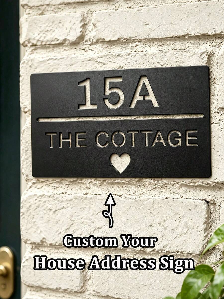 4 Sizes Available!Personalised Laser Cut Metal House Sign, Custom House Number Plaque With Heart, Black Outdoor Address Plaque, New Home Housewarming Gift - Black - View 1