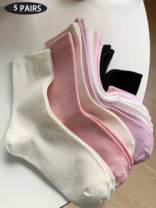 5/7 Pairs Random Solid Color Mid-Calf Socks, College Style Casual Soft Comfortable Women's Mid-Calf Socks, Suitable For Daily Wear, Versatile - Multicolor - View 9
