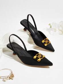 Women's Pointed Toe High Heel Shoes, Metal Decor Back Strap, Elegant Sandals - Black - View 1