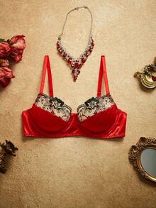 PinupPomp 5pcs Women's Sexy Embroidered Metal Chain Lingerie Set Floral Embroidery Including Sexy Bra, Thong, Garter Belt, Leg Chain - Red - View 10