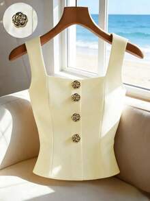 Women's Solid Color Metal Single-Breasted Casual Versatile Daily Wear Top White Summer - White - View 2