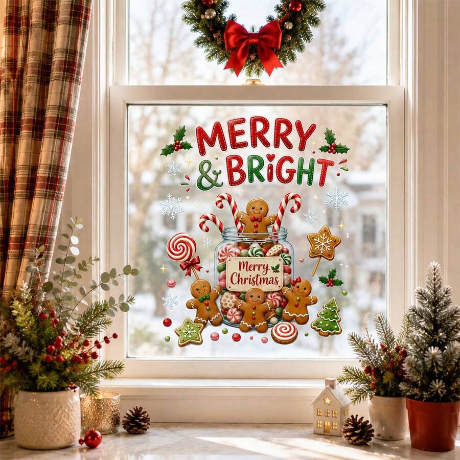 Stiker Jendela Manusia Kue Jahe Natal, Kue Permen Tongkat Natal yang Cerah dan Bahagia, Stiker Kaca Tempel Statis, Dekorasi Jendela Liburan - Stiker jendela Natal - View 1