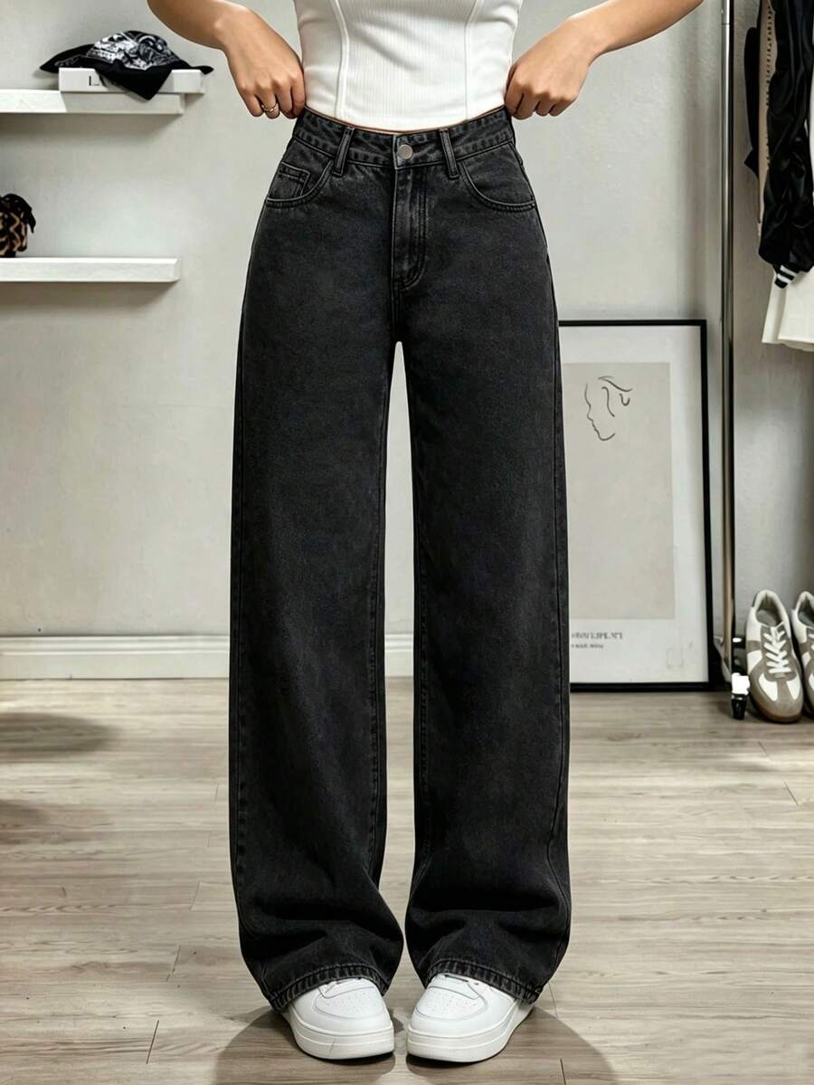 Teen Girls Black Washed Denim Jeans, Girls Casual Loose Wide Leg Straight Leg Jeans - Black - View 1