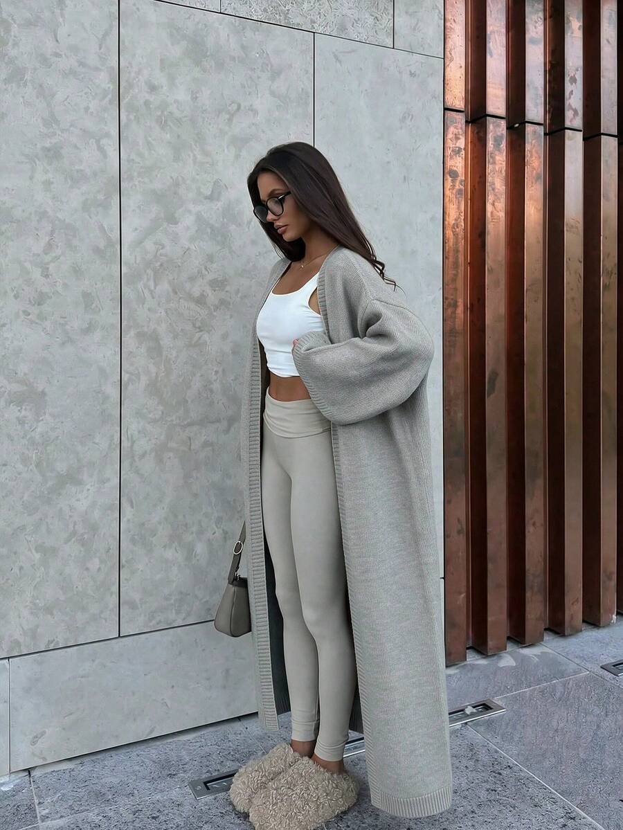 Cardigan Oversized com Decote em V FOR BEAUTY, Jaqueta de Tricô Longa Minimalista, Cinza, Casual para Outono e Ano Novo - Cinza - Visão 1