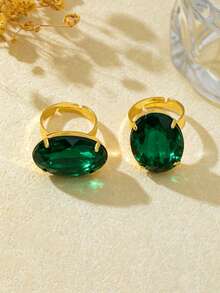 2pcs/Set Elegant Vintage Luxury Inlaid Green Oval Rhinestone Women's Ring Set, Suitable For Gift, Party, Daily Wear - Oval Green - View 4