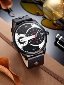 Never-Stop Men's Quartz Watch Round Color-Block Multifunction Chronograph Dial Stitched Embossed Leather Strap Workwear Men's Watch Multi-Color Options Daily Versatile Holiday Gift - one-size - View 5