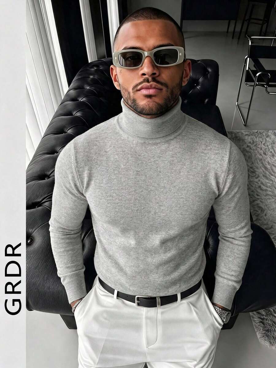 GRDR Jersey de cuello redondo de manga larga para hombre, jersey de punto versátil para uso diario