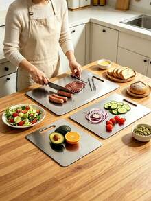 2PCS/1pc Titanium Cutting Boards For Kitchen, Stainless Steel Cutting Board Set For Meat Fruit And Vegetable - Silver - View 1