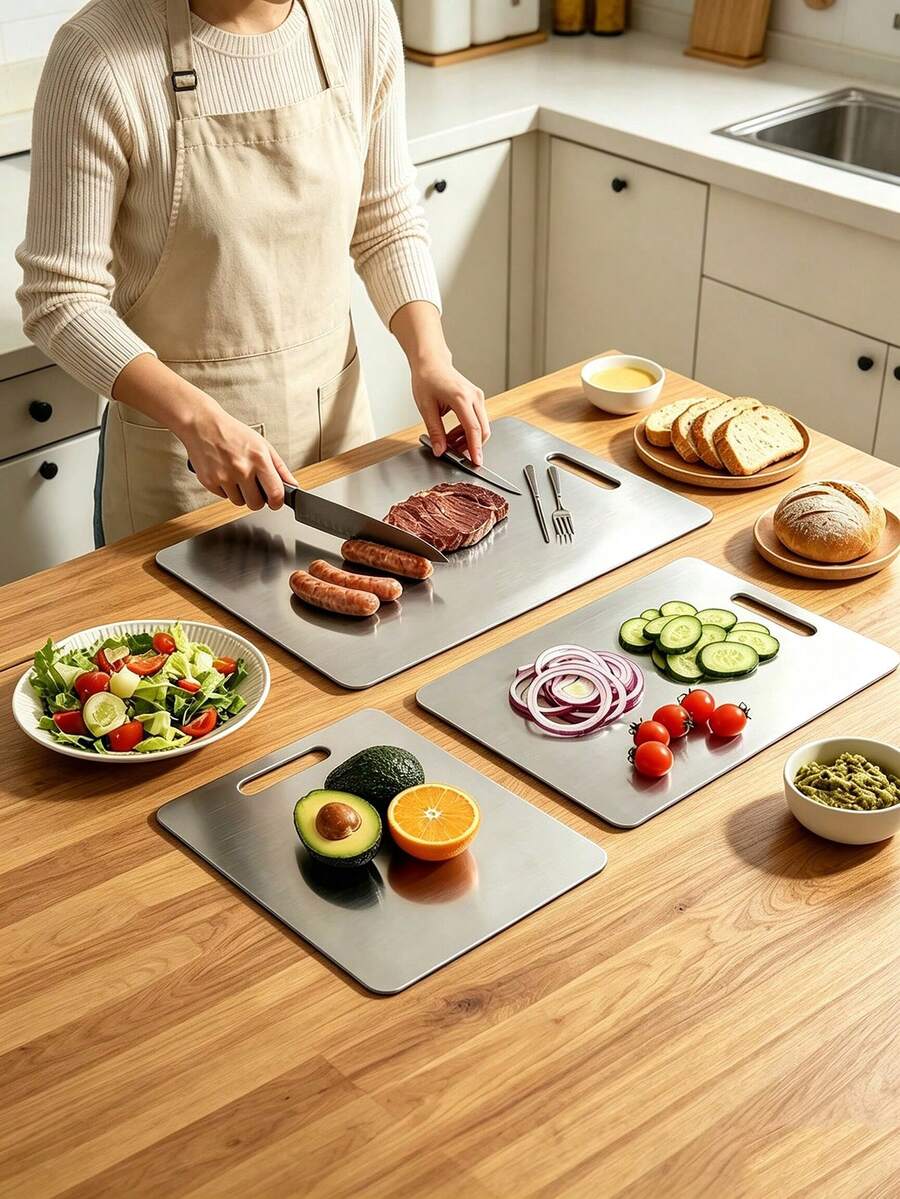 2PCS/1pc Titanium Cutting Boards For Kitchen, Stainless Steel Cutting Board Set For Meat Fruit And Vegetable - Silver - View 1