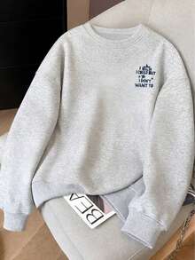 Textured Star & Letter Print Sweatshirt For Women, Light Gray, Loose Fit, Slimming, Crew Neck, Pullover, Autumn/Winter Casual Wear - White-gray - View 2
