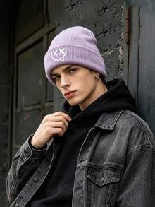 1pc Unisex Multi‑Color Cuffed Knitted Beanie Hat, X‑Eyes Smiling Face Graphic Print, Soft Warm Fall Winter Headwear, Versatile Casual Cap For Outdoor - Multicolor - View 3