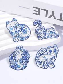 4Pcs Blue‑White Porcelain Style Cat Enamel Brooch Set, Chinese Floral Kitty Lapel Pin Badge For Backpack Jacket Decor - Blue - View 5