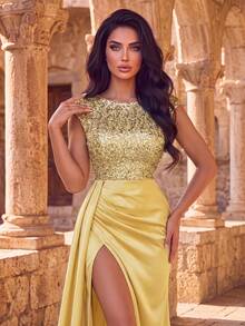 Elegant Round Neck Sequin Evening Gown, High Slit Draped Skirt, Suitable For Formal Dinner, Wedding, Studio Photography, Bridal Portrait - Gold - View 3