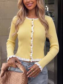 Women's Ribbed Knit Short Cardigan, Decorated With Ruffle Trim And Gold Buttons, Long Sleeve Crew Neck Sweater, Suitable For Spring Wear - Yellow - View 2