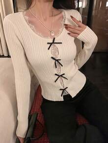 韓式綁帶荷葉邊收腰針織毛衣，女款秋冬新款百搭優雅顯瘦上衣 - 杏色 - 查看 4