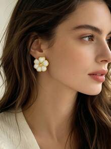 1 Pair Fashionable High-End Elegant Sweet Minimalist Versatile White Enamel Floral Earrings, Stainless Steel Material Hypoallergenic Friendly, Autumn Earrings Elegant Fashion, Suitable For Women's Daily Wear, Vacation. Best Choice For Halloween/Christmas Gifts For Female Friends. - Drip Oil Earrings - View 5