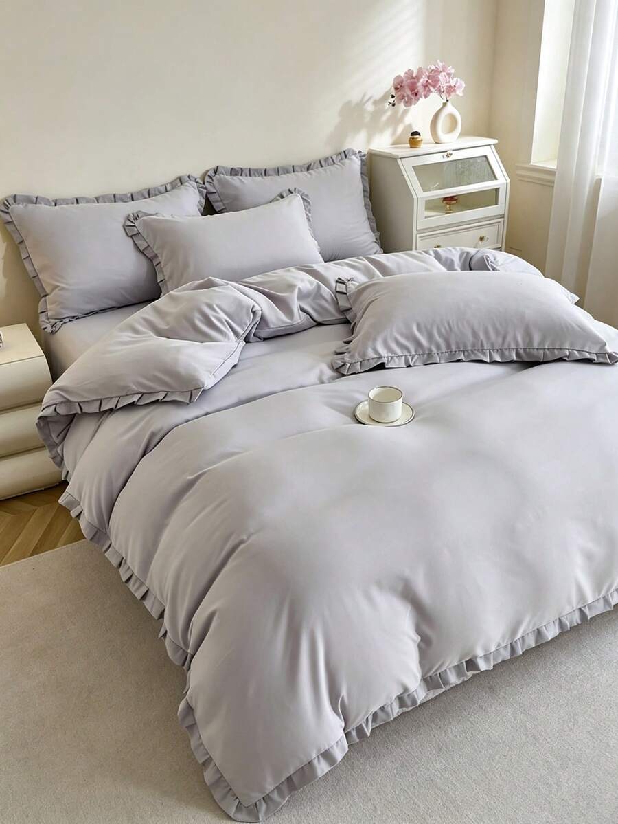 Girl Style Lace Trim Skin-Friendly Soft Comfortable 3 Pieces Duvet Cover Set, Suitable For Bedroom And Guest Room - Light Grey - View 1