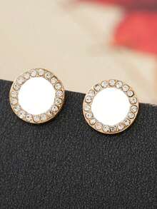 1pair White Circle Shaped Geometric Earrings With Rhinestone Embellishment - White - View 4