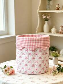 1pc Cute Grid & Bow Desktop Items Storage Bucket Folding Accessories Storage Basket Quilted Makeup Basket Household Sundries Organizer Bucket For Girl - Pink - View 10