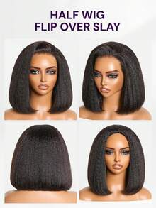 MEGALOOK Wig Setengah 3-in-1, Bob Lurus Keriting, 100% Rambut Manusia, Wig Tali Serut Elastis Tanpa Lem, Kepadatan 200%/250%, Warna Alami, Tampilan Alami, Pemakaian Sehari-hari, Ramah untuk Pemula - SNatural - View 6