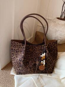 2026 New Leopard Print Large Capacity Tote Bag, Fashion Casual Shoulder Bag, Versatile Handbag For Commuting, School, Shopping And Travel - Coffee - View 6