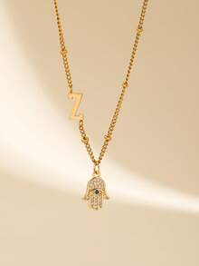 1 Piece Hamsa Hand Pendant Necklace For Women With 26 Letters Charm, Zirconia Eye Design Chain Necklace, Fashion Jewelry, Suitable For Daily Wear - Multicolor - View 29