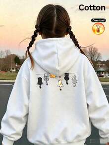Autumn/Winter Girls' Custom Loose White Hoodie, Cat Hanging On Clothesline Graphic, Cute Cartoon Style - White - View 1