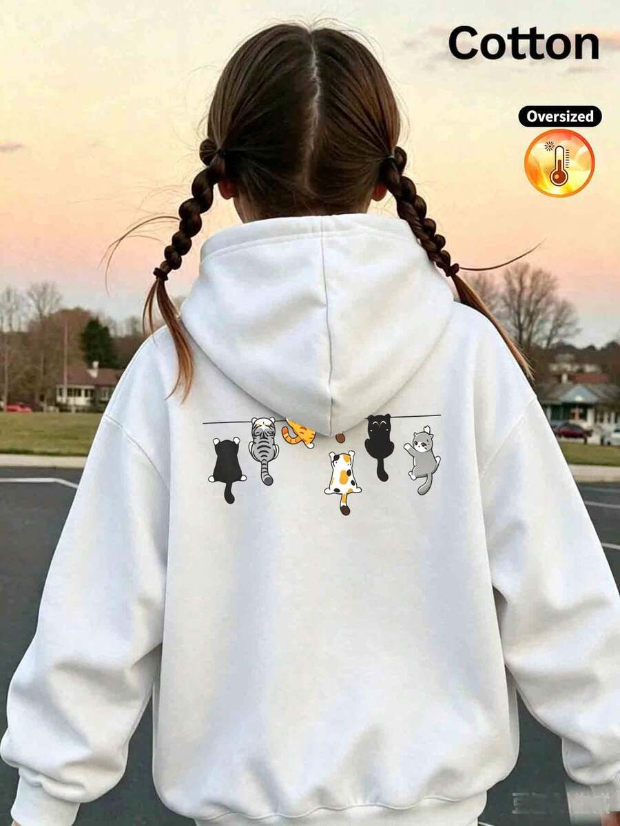 Autumn/Winter Girls' Custom Loose White Hoodie, Cat Hanging On Clothesline Graphic, Cute Cartoon Style - White - View 1