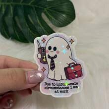 Cute Holographic Ghost Work Sticker, "Due To Unfortunate Circumstances I Am At Work" Funny Office Humor Decal For Laptop, Water Bottle, Car Window, Notebook & Phone Case, Halloween Decoration Sticker - Star Film - View 10