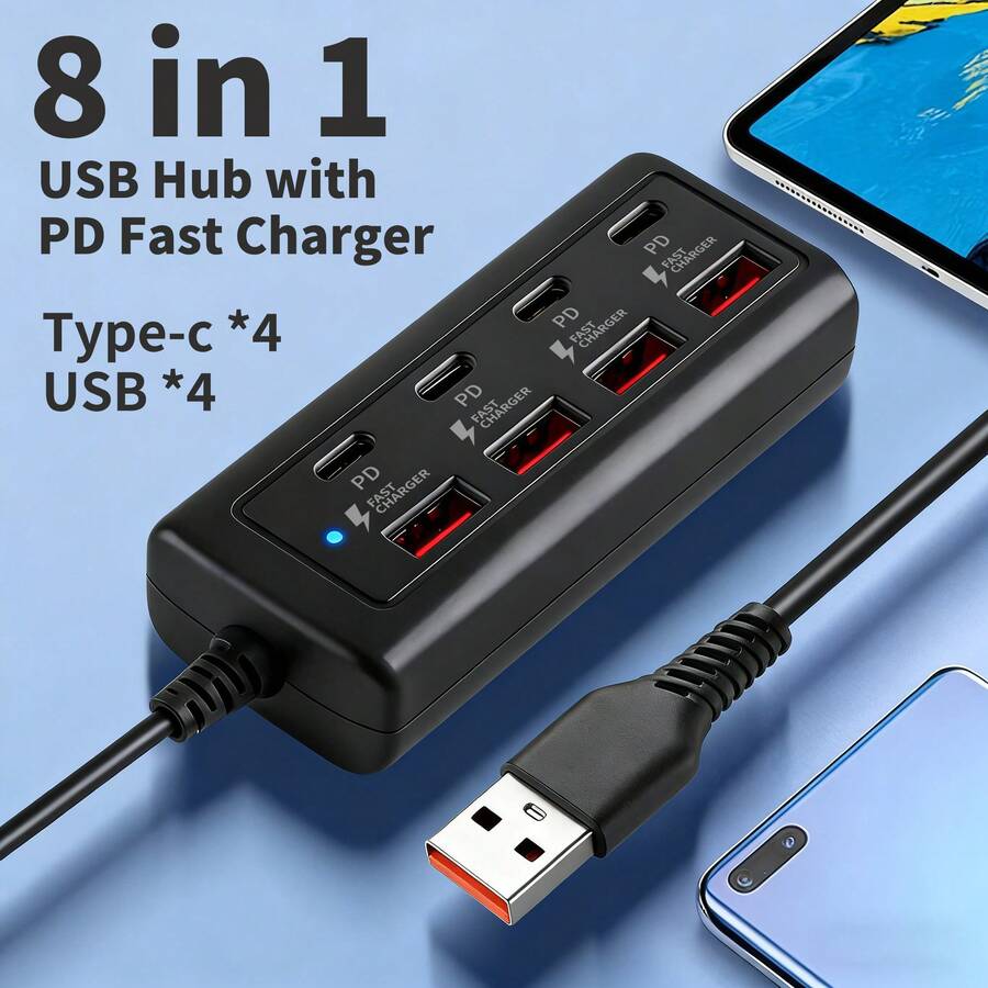 8‑Port Fast Charging Hub, 4 USB‑A & 4 Type‑C PD Fast Charging Ports, Multi‑User Shared Desktop Power Charging Station, Multifunctional USB Extension Hub - View 1