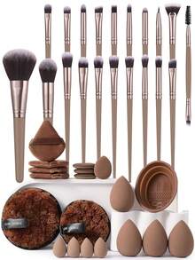 19/20/39Pcs Complete Cosmetic Tool Set,20Pcs Premium Synthetic Makeup Brushes,Assorted Makeup Sponges,Multi‑Shape Powder Puffs,Reusable Remover Pads,Brush Washing Bowl,Versatile Makeup Tools For Daily Face And Eye Makeup Use - Brown - View 1