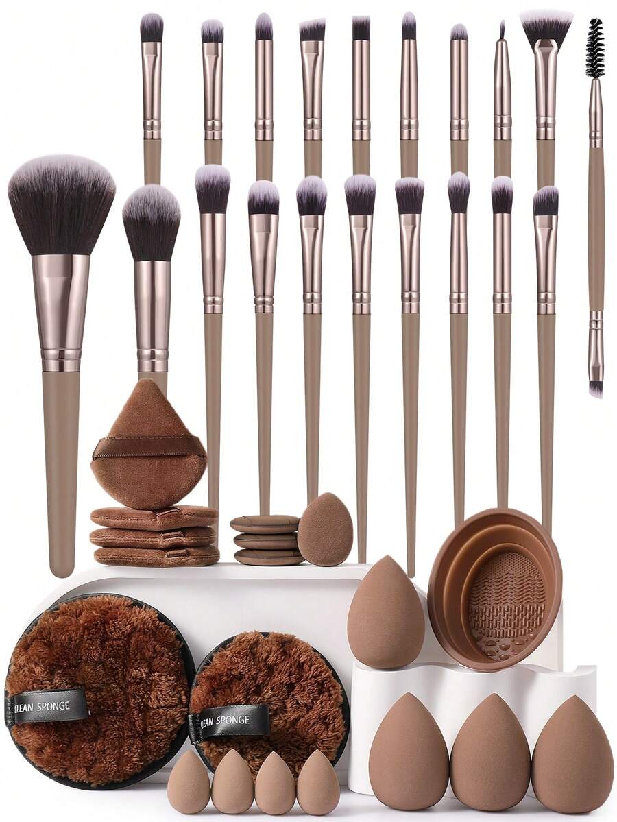 19/20/39Pcs Complete Cosmetic Tool Set,20Pcs Premium Synthetic Makeup Brushes,Assorted Makeup Sponges,Multi‑Shape Powder Puffs,Reusable Remover Pads,Brush Washing Bowl,Versatile Makeup Tools For Daily Face And Eye Makeup Use - Brown - View 1