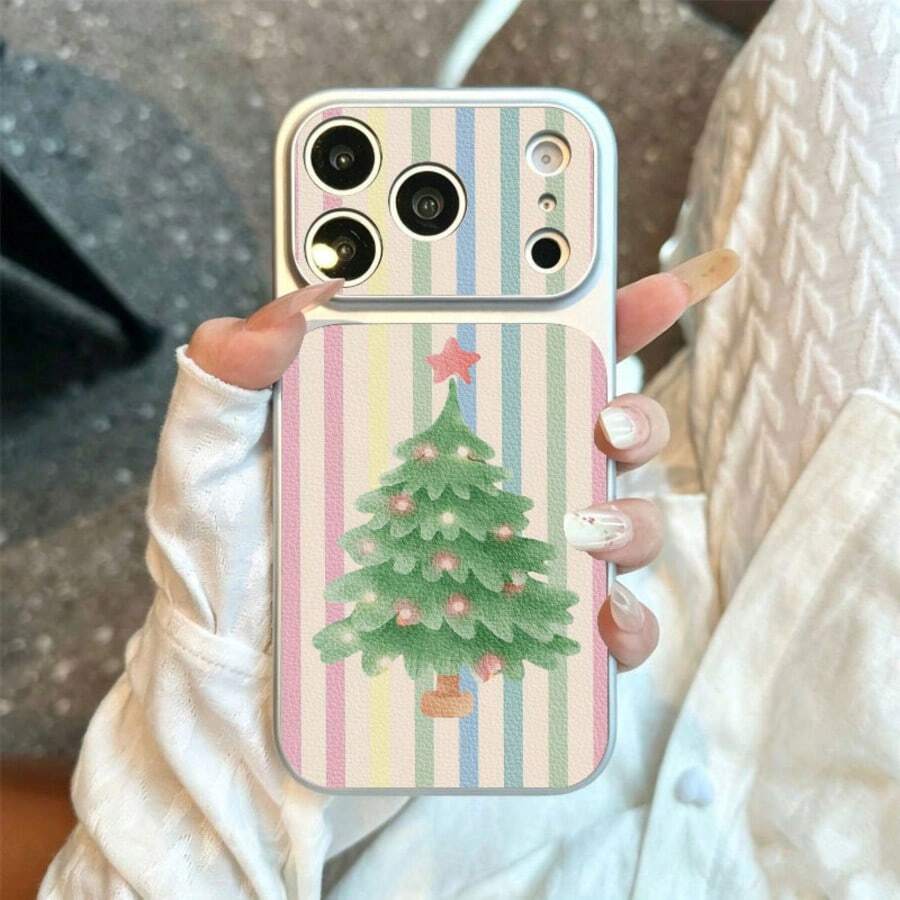 1pc TPU Material Colorful Macaron Christmas Tree Striped Pattern Phone Case Suitable For IPhone 17 Pro Max/17/16 Pro Max/15/14/13/12/11 Full Coverage Anti-Drop Soft Shell Phone Protective Cover - Silver - View 1